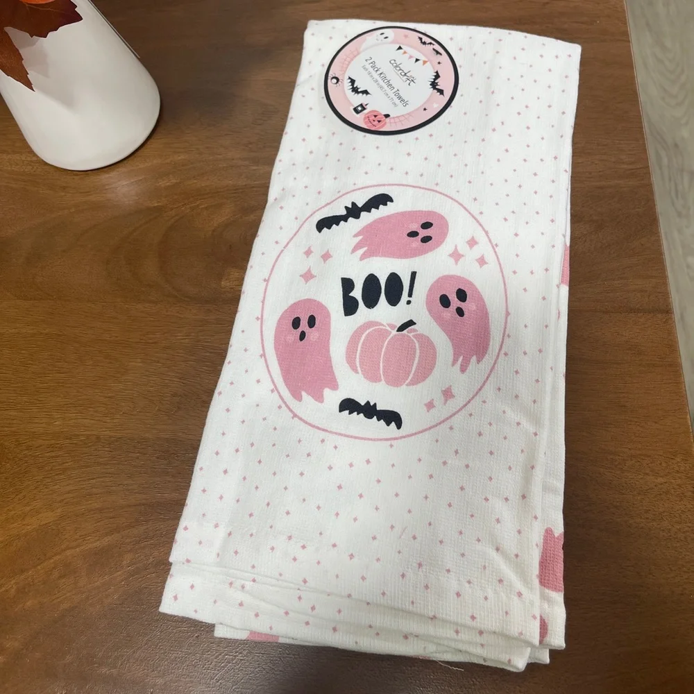 Halloween Pink Ghosts Boo kitchen hand towels set of 2 NWT